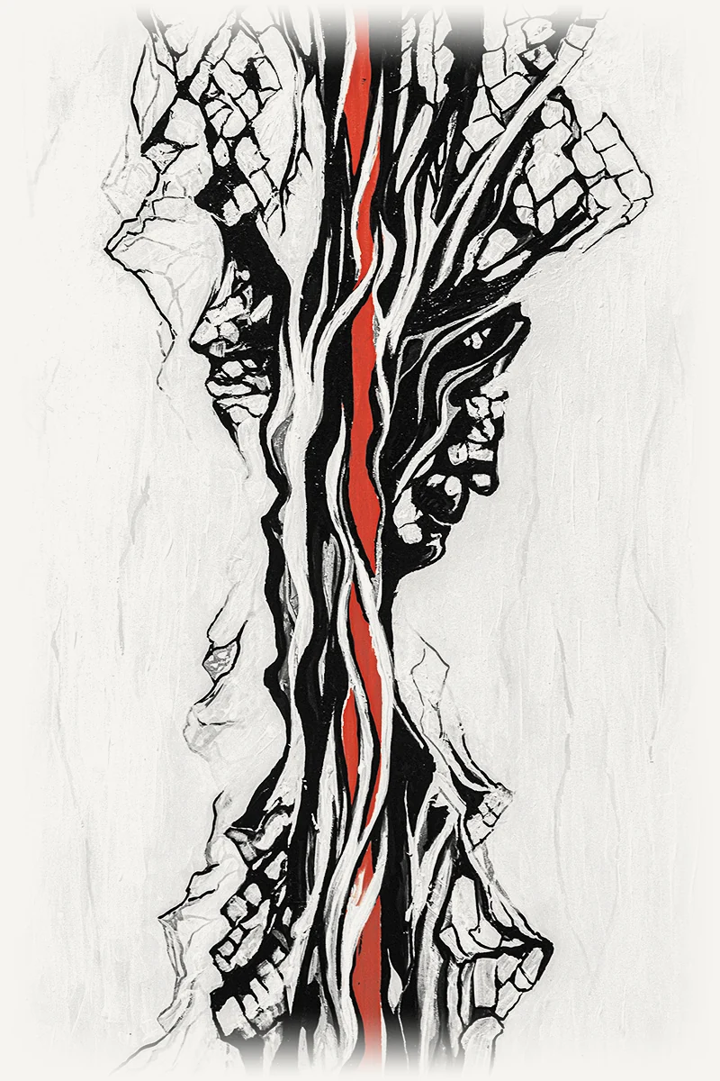 Duality: forme nere e bianche divise da una linea rossa verticale